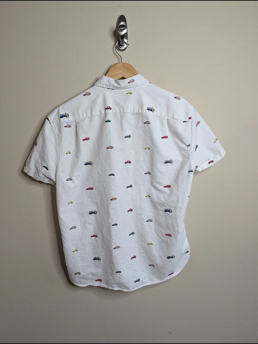 J.Crew Flex Short‎ Sleeve Oxford Shirt L White Novelty Car Print Button Down